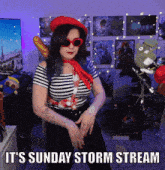 a woman wearing sunglasses and a red hat says it 's sunday storm stream on the bottom