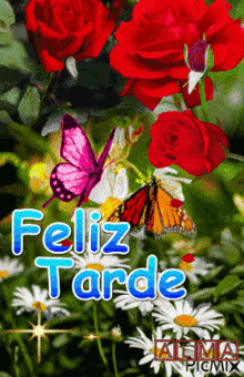 a picture of butterflies and flowers with the words feliz tarde