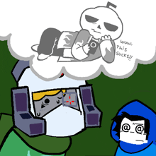 a drawing of a skeleton laying on a cloud with the words wow this sucks written on it