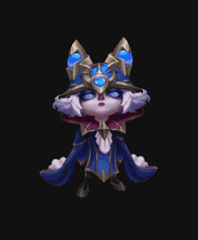 a cartoon character is wearing a blue and gold costume