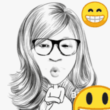 a black and white drawing of a woman with glasses and a smiley face