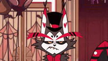 a cartoon cat wearing a hat and bow tie
