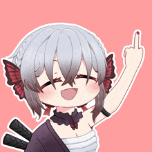a drawing of a girl with a butterfly ear giving the middle finger