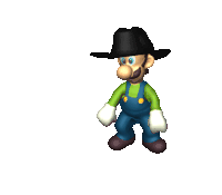 a cartoon character wearing overalls and a cowboy hat