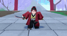 a cartoon character is holding a sword and wearing a red kimono
