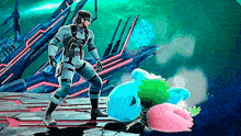 a man in a military uniform is standing next to a pink and blue pokemon in a video game .