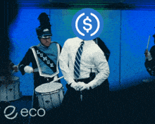 a man in a marching band with a dollar sign on his head