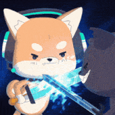 a cartoon of a shiba inu holding a sword with the letter i on its face
