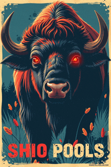 a poster of a bison with the word shio pools on it