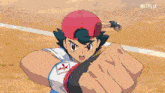 a cartoon of a boy with a red hat and a netflix logo in the background