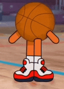 a cartoon character is holding a basketball in front of his head .
