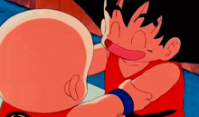 a cartoon character in a red shirt is holding another character