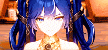 a close up of a girl with blue hair and a necklace