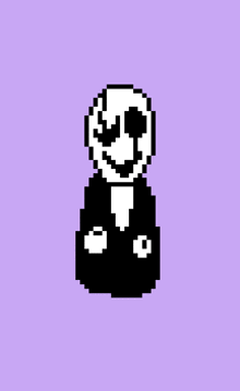 a pixel art drawing of gaster from undertale on a purple background