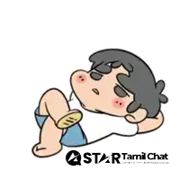 a cartoon of a boy laying on the floor with a star tamil chat logo behind him