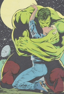 a drawing of a man kissing a hulk with a satellite in the background