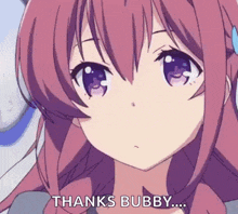 a girl with purple hair and blue eyes is saying thanks bubby