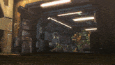 a computer generated image of a room with a few robots and a sign that says ' a ' on it