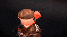 a girl with red hair is wearing a hat and holding a gun .
