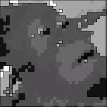 a black and white pixelated background with a few squares in the middle