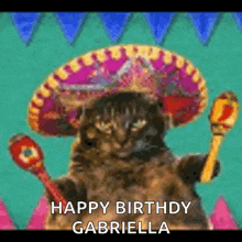 a cat wearing a sombrero is holding a maraca and a happy birthday message .