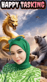 a woman in a green hijab stands in front of a dragon and a tiger ..