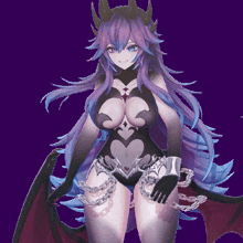a purple haired anime character with a heart on her chest