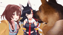 two anime girls standing next to each other with a dog