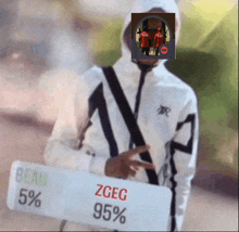 a man holding a sign that says peau 5% zgeg 95%