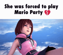 a picture of a girl with the words she was forced to play mario party below her