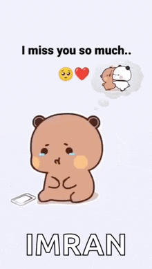 a cartoon bear is sitting down with a cell phone and thinking about someone .