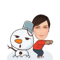 a woman squatting next to a snowman with an angry look on his face