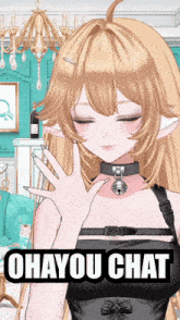 a picture of a girl with a bell around her neck that says ' ohayou chat '