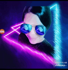a woman wearing sunglasses and a black shirt is surrounded by neon lights
