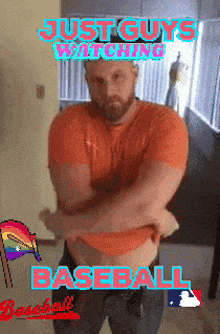 a man with his arms crossed and the words just guys watching baseball above him