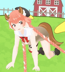 a cartoon of a girl with a horse 's tail crawling in front of a red barn