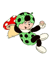 a cartoon ladybug is holding a donut and a mushroom