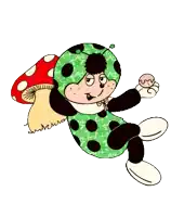 a cartoon ladybug is holding a donut and a mushroom
