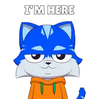 a cartoon cat pointing at the camera with the words " i 'm here " behind him