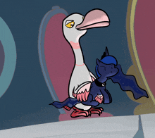 a cartoon of a duck holding a pony with a horn