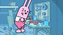a cartoon of a pink bunny working on a machine