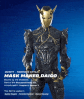 a video game character named mask maker daigo has a gold mask on his head
