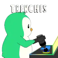 a cartoon of a penguin playing a video game with the word trenches written above it