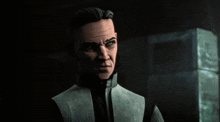 a close up of a man 's face with a serious look on his face