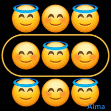 a row of smiley faces with blue haloes on their heads and the name alma below them