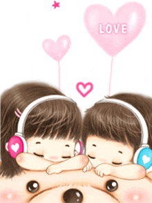 a boy and a girl wearing headphones are hugging each other with a pink heart above them that says love