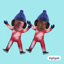 a gif of two people wearing ski suits and hats with the hashtag #gifgab