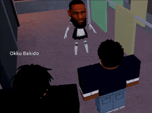 a man in a maid outfit is standing next to another man with the name okku bakido on the bottom