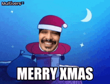 a man wearing a santa hat says merry xmas on a blue background