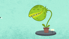 a cartoon drawing of a carnivorous plant with a fly in its mouth